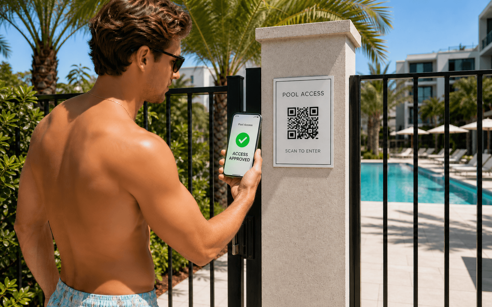 Resident scanning the pool gate check-in sign with their phone